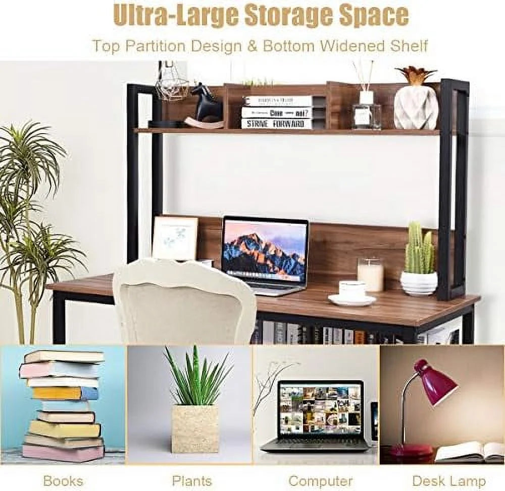 Light Walnut Computer Desk with Hutch and Bookshelves S7704