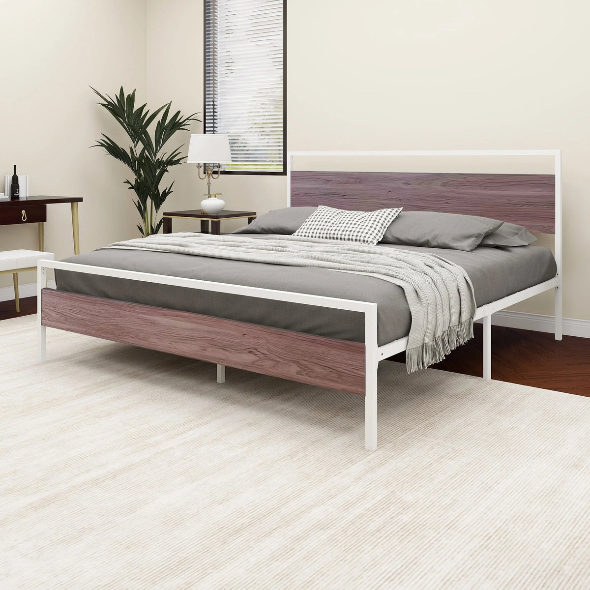 King Metal Platform Bed Frame with Wood Headboard and Footboard White D5562