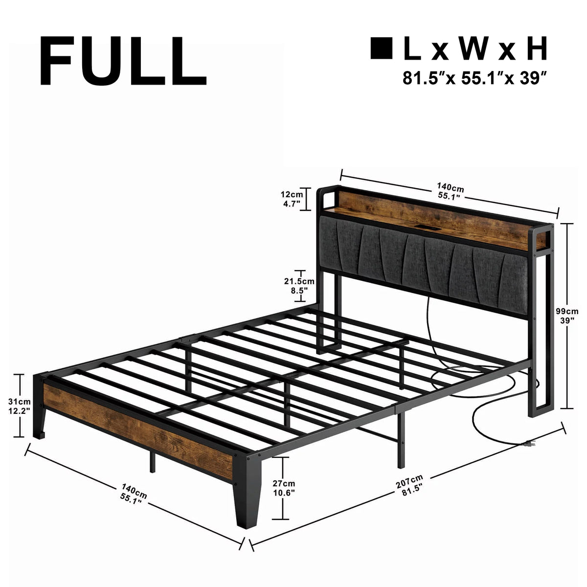 King Metal Bed Frame with Storage Headboard and Outlets G9655