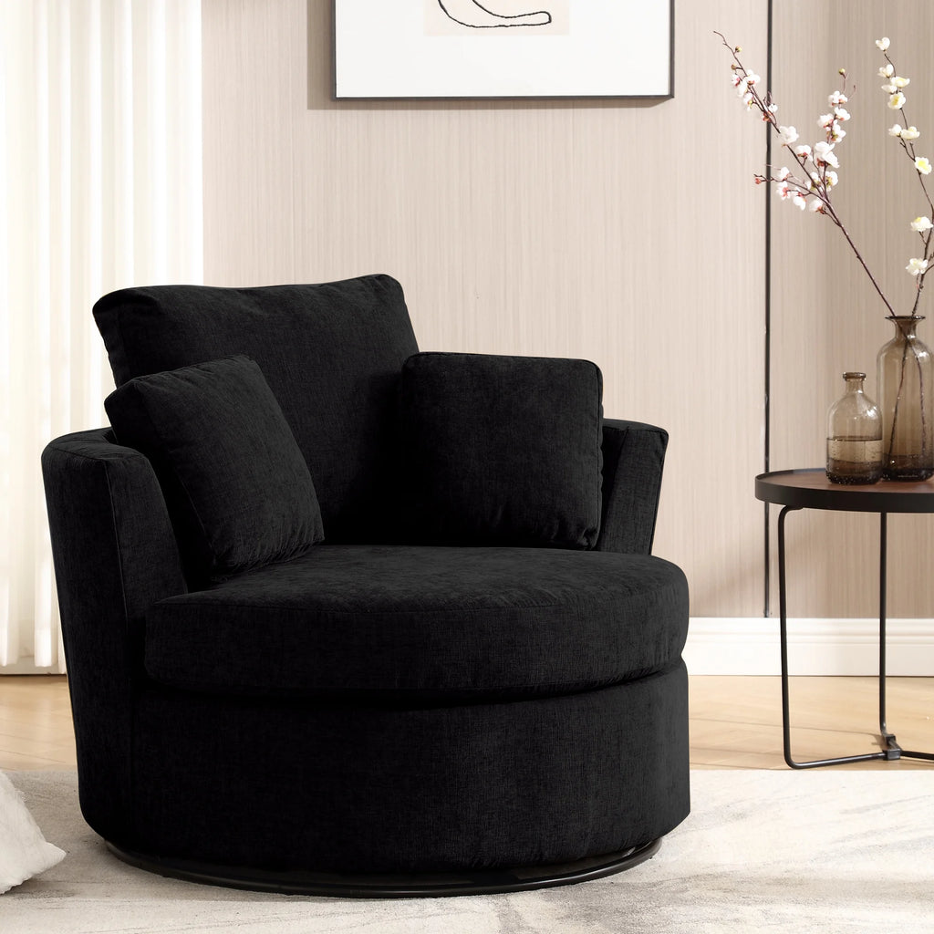 Black Chenille Swivel Barrel Chair with Pillows N2531