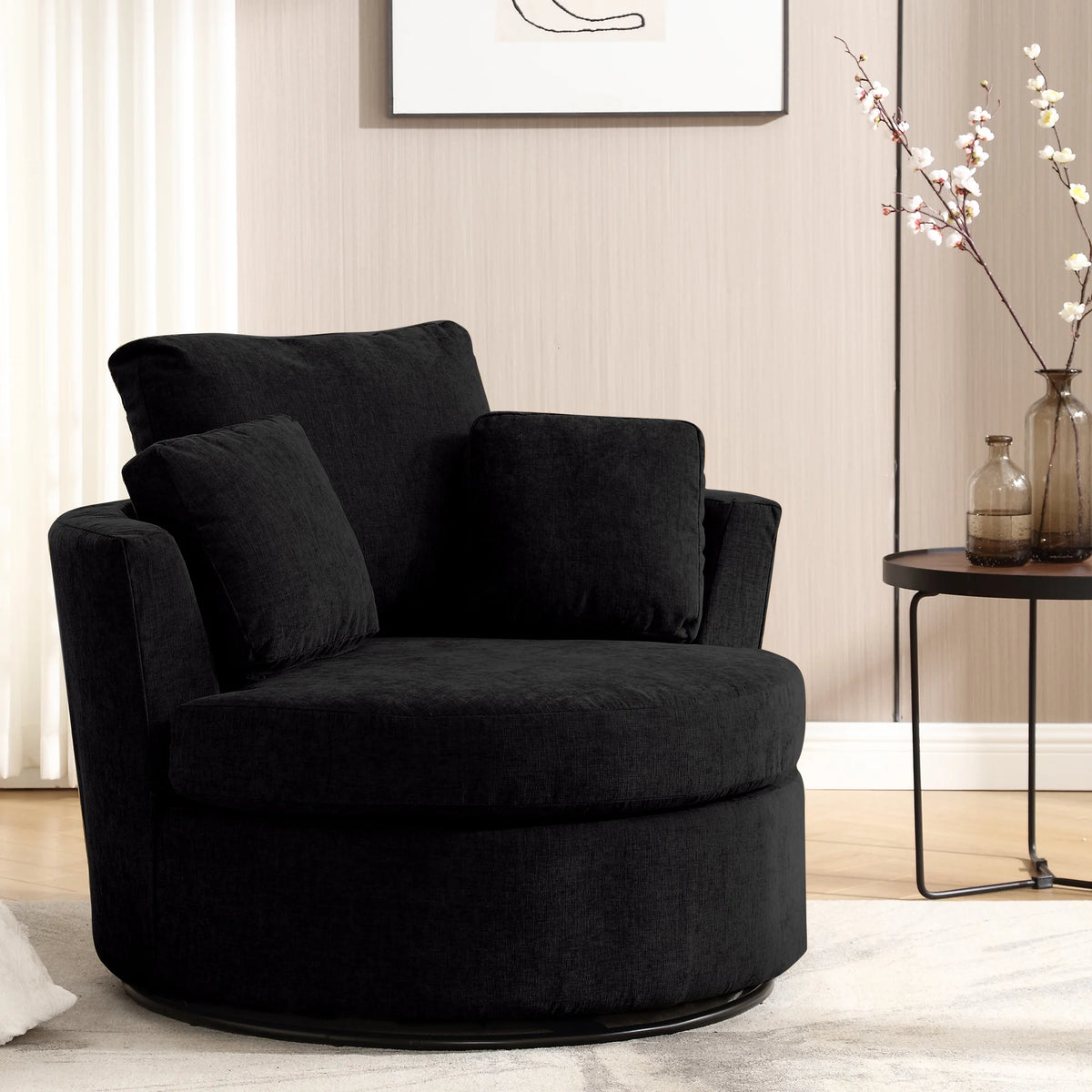 Black Chenille Swivel Barrel Chair with Pillows N2531