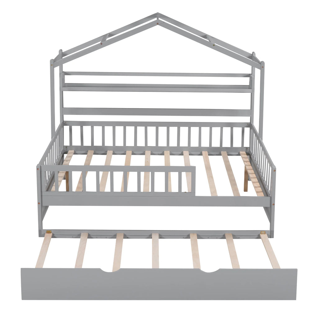 Gray Wood Twin House Bed with Trundle X808