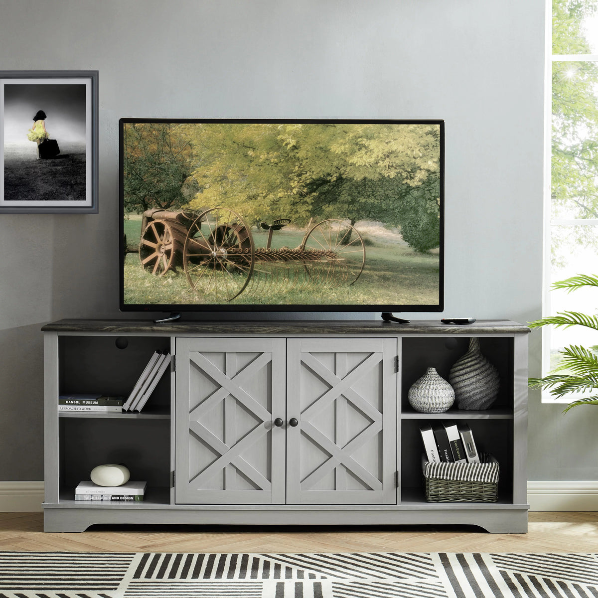 70 in. Farmhouse TV Stand Entertainment Center Gray with Walnut Color Desktop M711905
