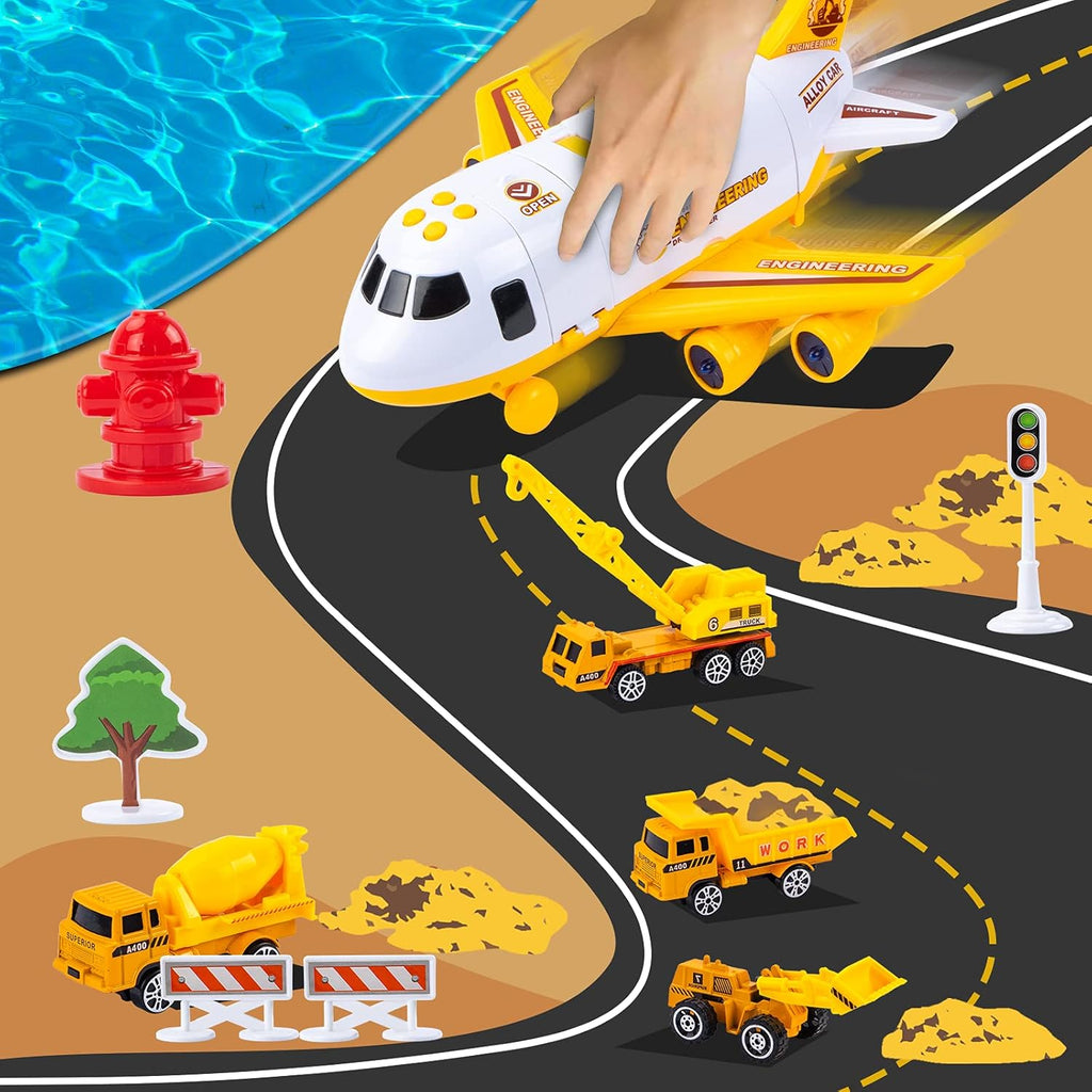 Toddler Airplane Toys with Lights and Sounds, Transport Cargo Airplane with 4 Construction Cars S318