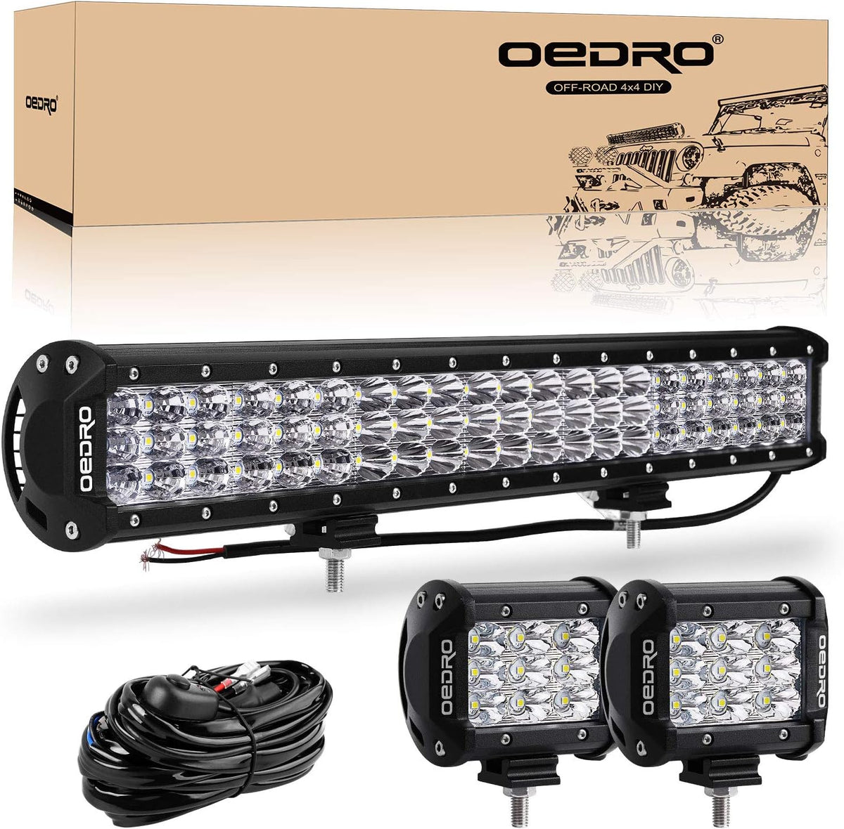 20 Inch 300W Tri-Row Spot Flood Combo Work Light with 4Pcs 4 Inch 27W LED Pods Driving Fog Lamp O651