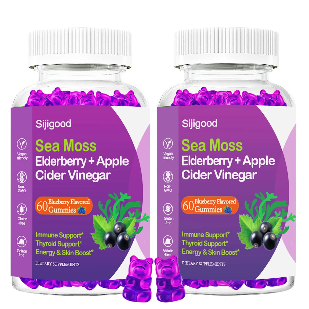Organic Irish Sea Moss Gummies with Elderberry, Bladderwrack, Burdock, Apple Cider Vinegar, Chlorophyll, 120 Vegan Gummies Z448