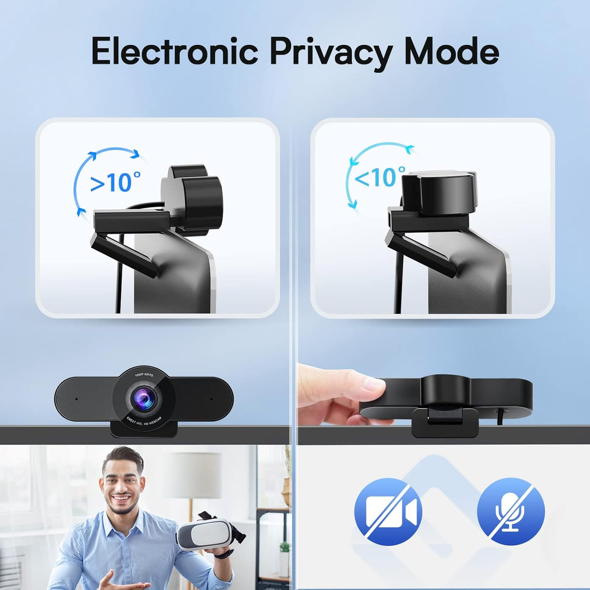 1080P 60FPS Webcam with Privacy Mode, Built-in 2 Noise Reduction Mics, Autofocus USB Camera W356