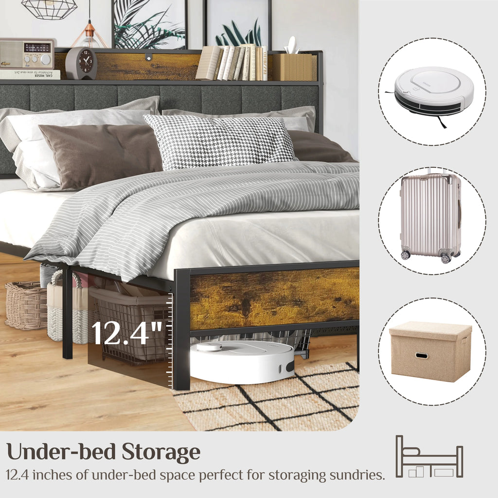 Log Brown Full Size Metal Bedframe with Headboard R5228
