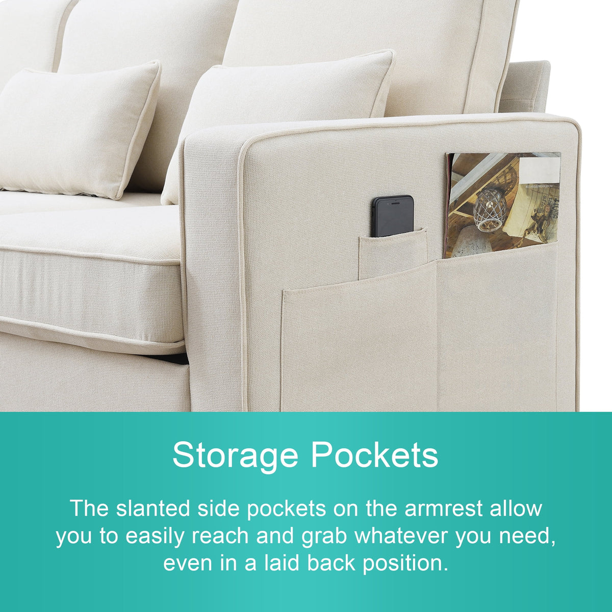 104" Beige 4-Seater Sofa with Armrest Pockets and Pillows U79913
