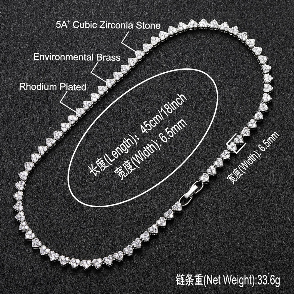 18K Gold Silver Plated 6.5mm Hip Hop Heart Chain Necklaces CZ S623