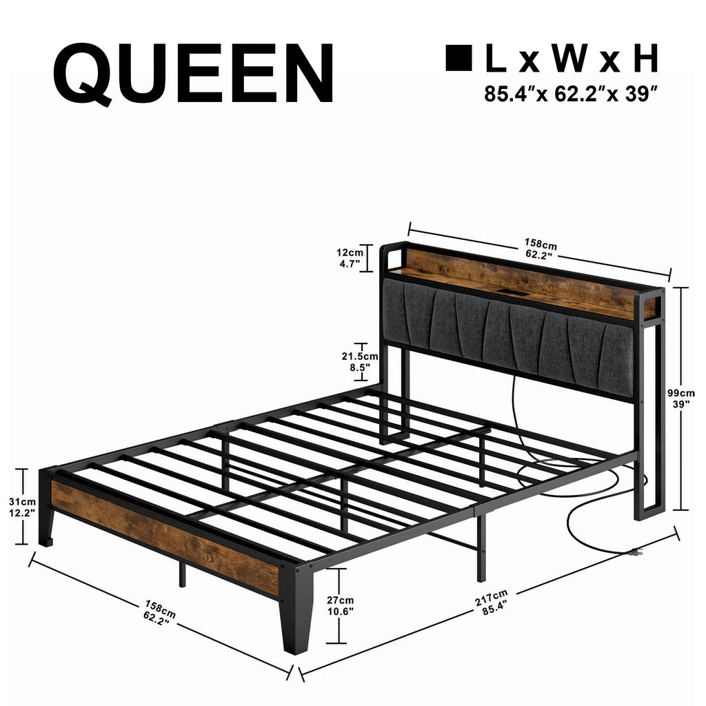 King Metal Bed Frame with Storage Headboard and Outlets G9655