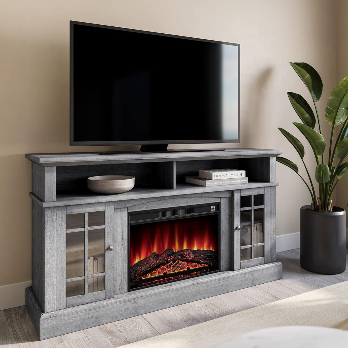 Gray Wash Electric Fireplace TV Stand with Open Storage Shelves and Cabinets S123626
