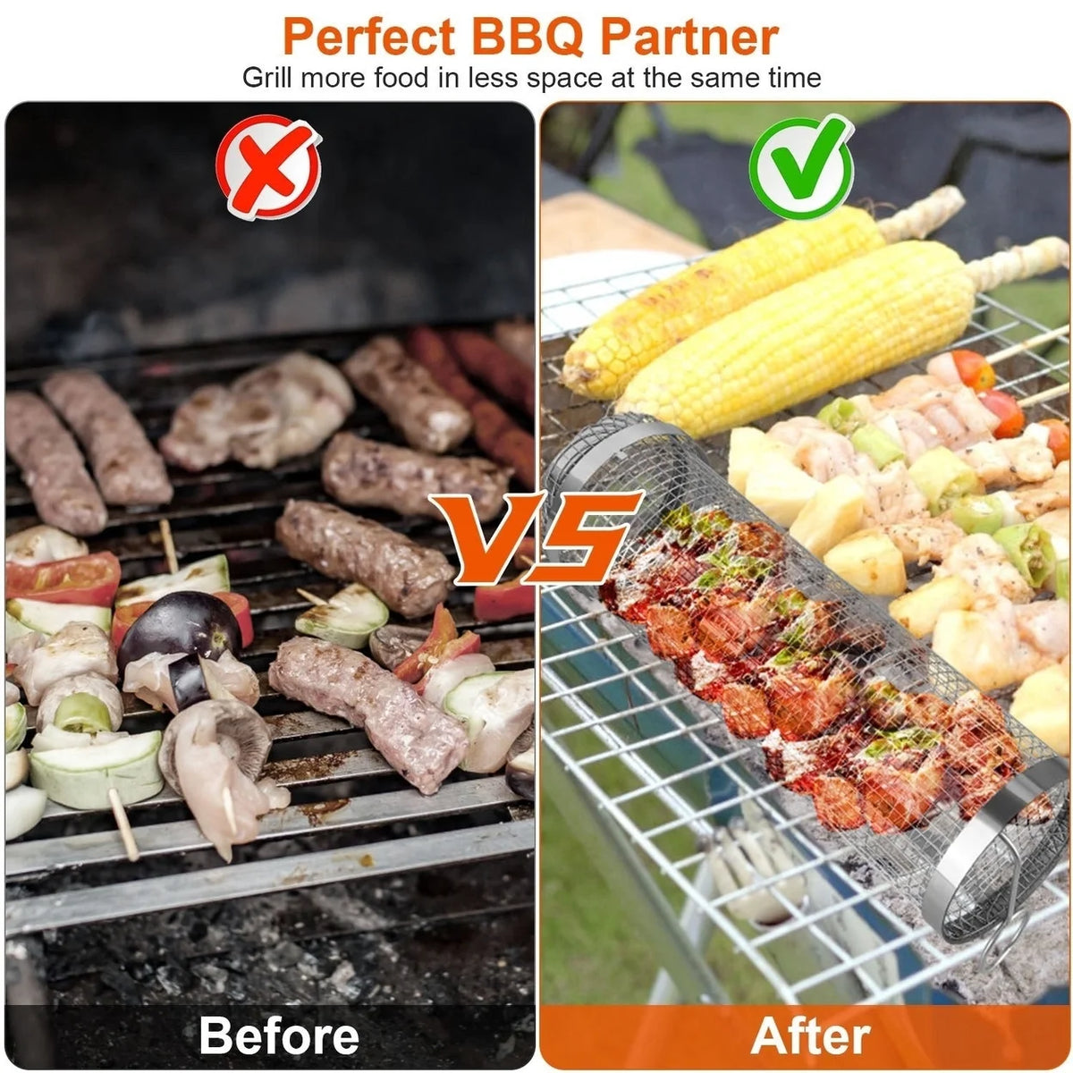 2Pcs Portable BBQ Rolling Basket Round Stainless Steel Grill Mesh with Removable Cover H451