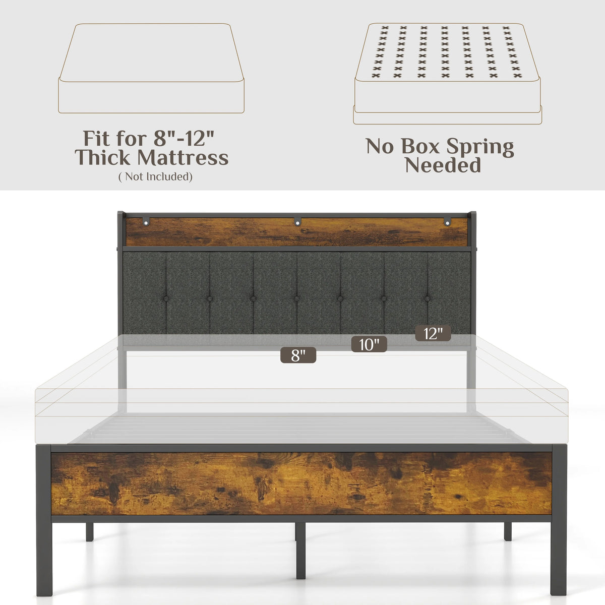 Log Brown Full Size Metal Bedframe with Headboard R5228
