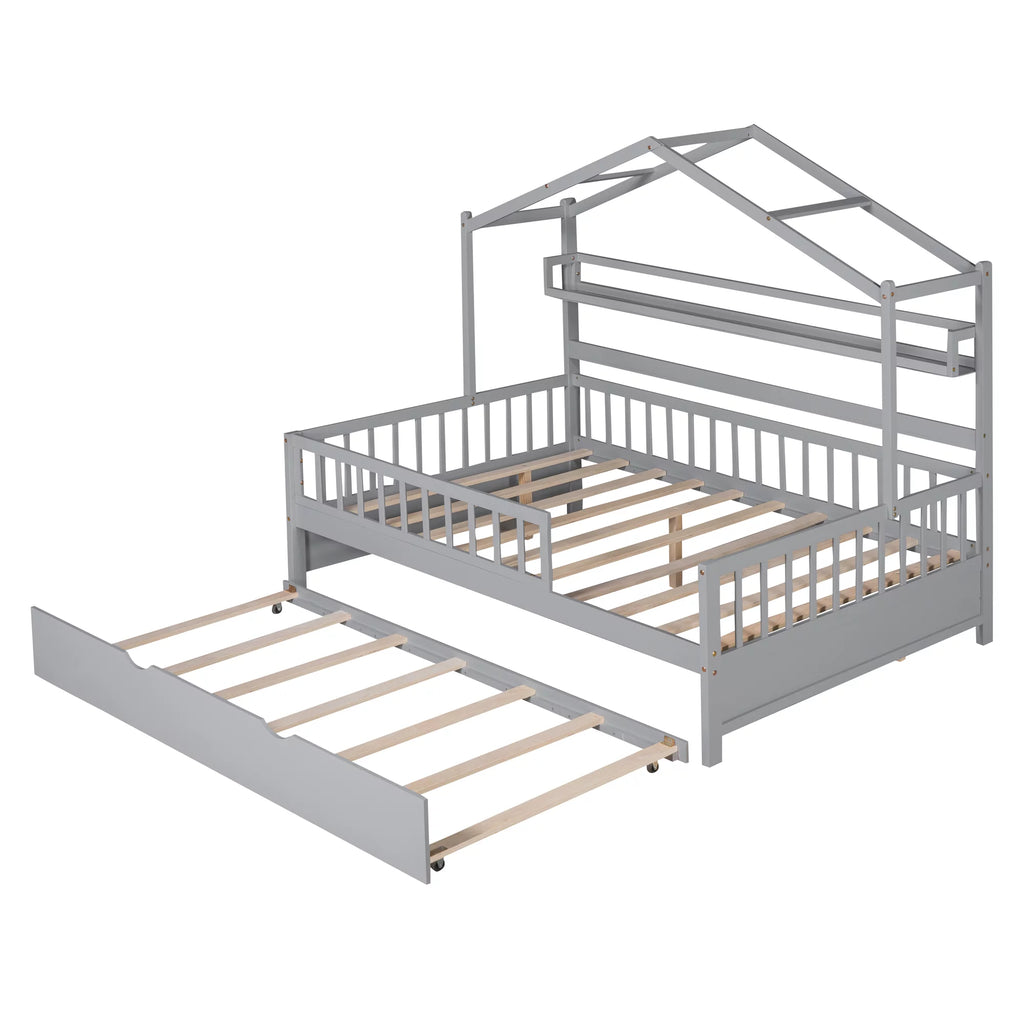 Gray Wood Twin House Bed with Trundle X808
