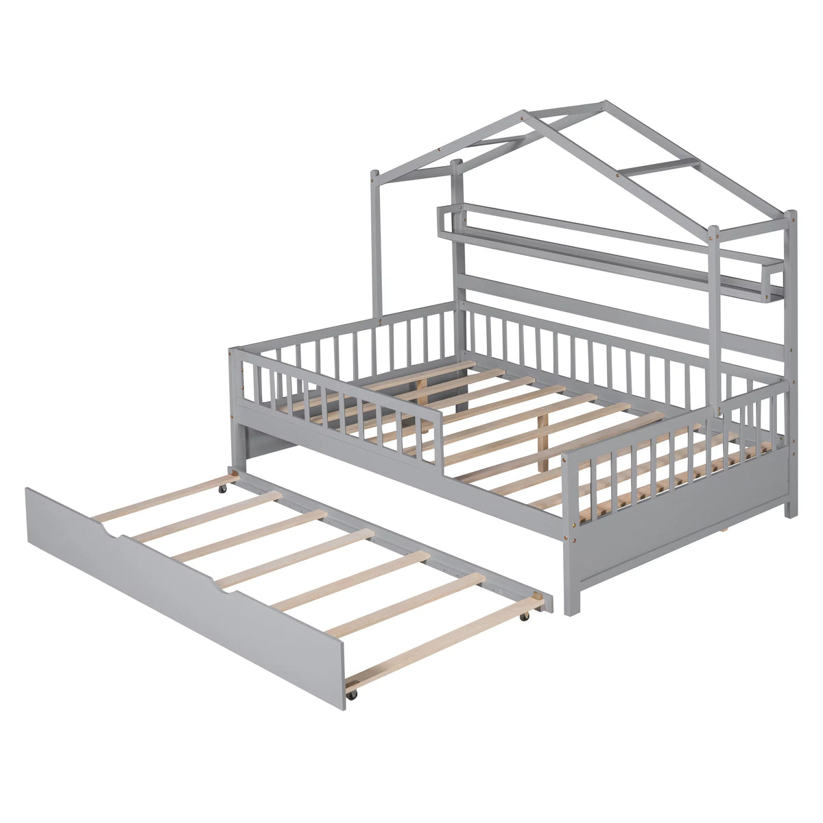 Gray Wood Twin House Bed with Trundle X808
