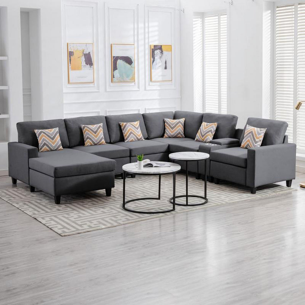 Gray Fabric Reversible Sectional with Charging Ports and Storage Console F34520