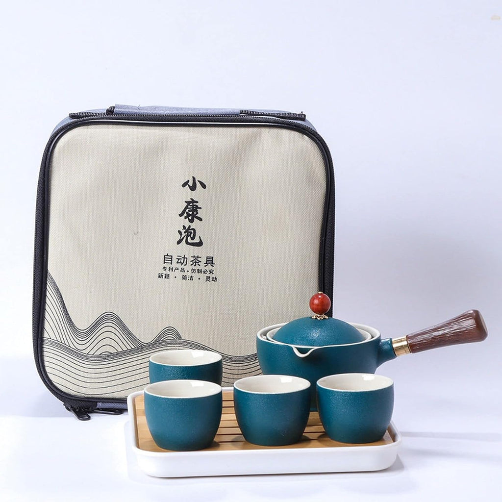 Ceramic Portable Travel Tea Set with 360 Rotation Teapot, 4 Tea Cups, Bamboo Tea Tray and Travel Bag W7023