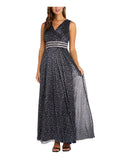 Navy Embellished Sheer Pleated Polka Dot Sleeveless V Neck Full-Length Evening Gown Dress Plus 18W I577