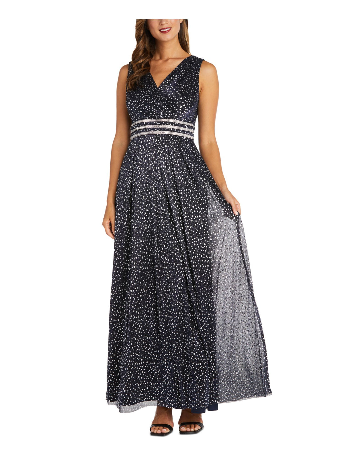 Navy Embellished Sheer Pleated Polka Dot Sleeveless V Neck Full-Length Evening Gown Dress Plus 18W I577