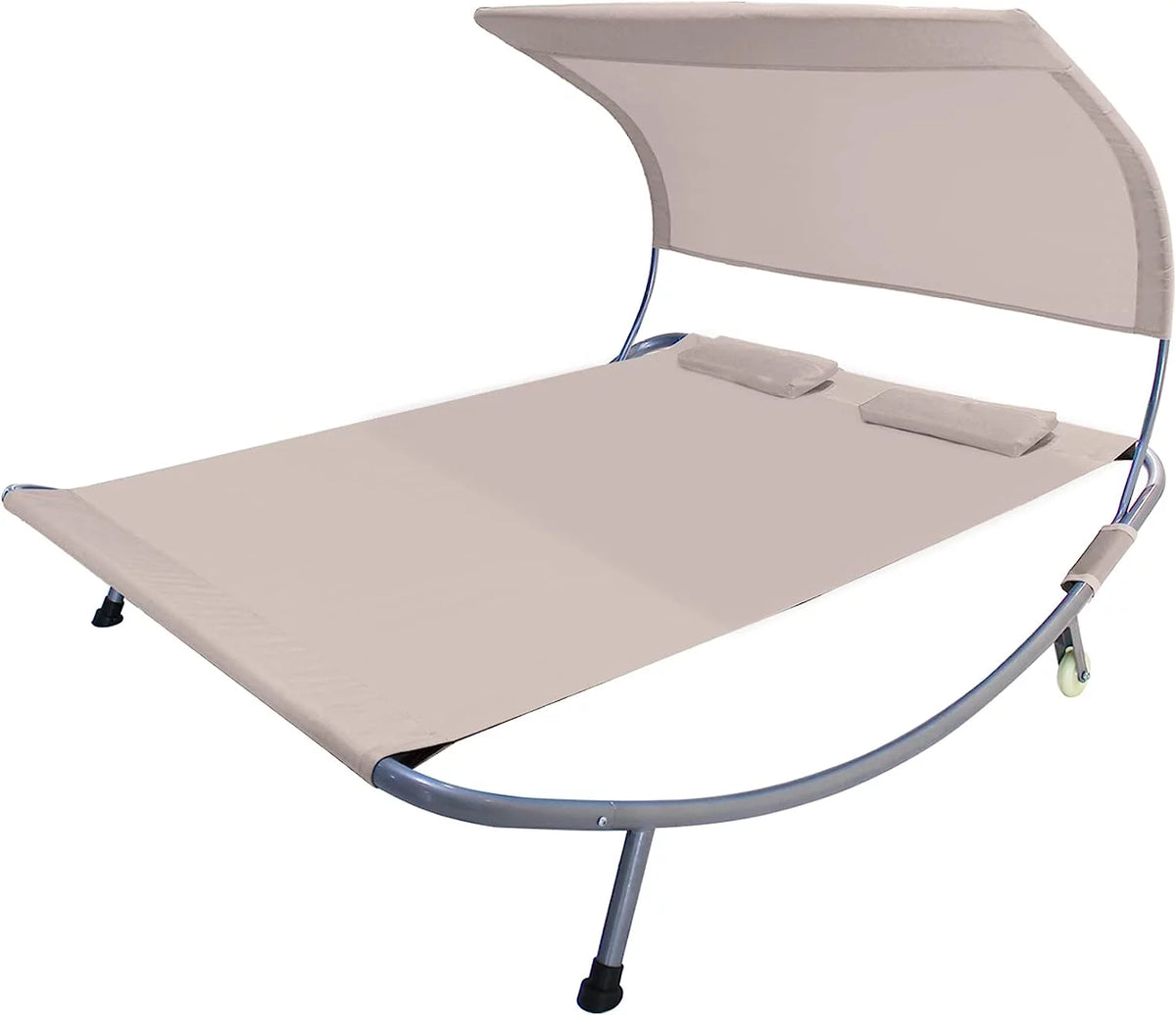Double Chaise Lounge Bed with Canopy, Headrest Pillow and Wheels R3777