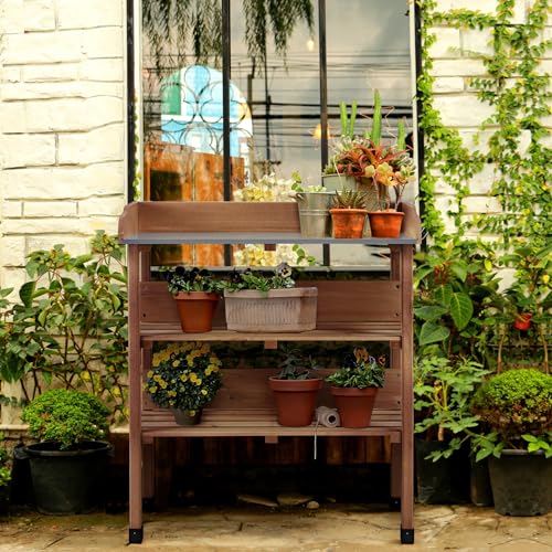 Fir Wood Potting Bench Table with 3 Tier Shelves F3645