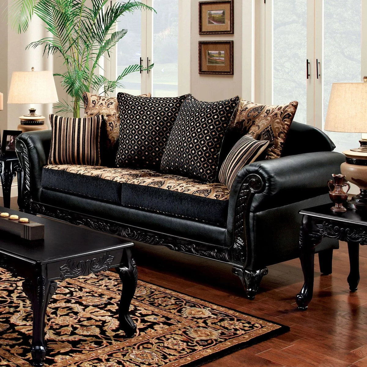 Black & Tan Chenille Sofa and Loveseat Y9762