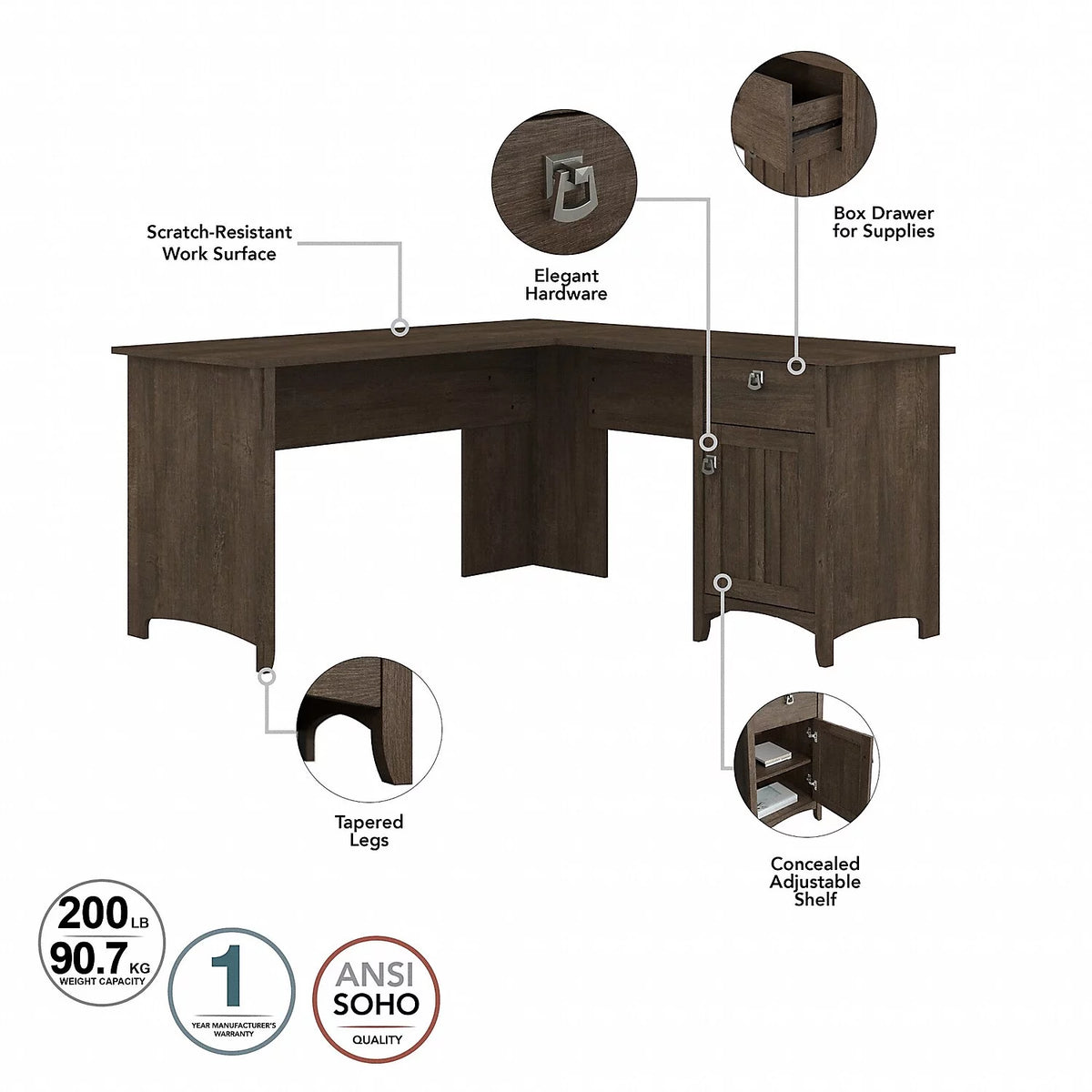 Ash Brown L Desk with File Cabinet & Bookcase A494733
