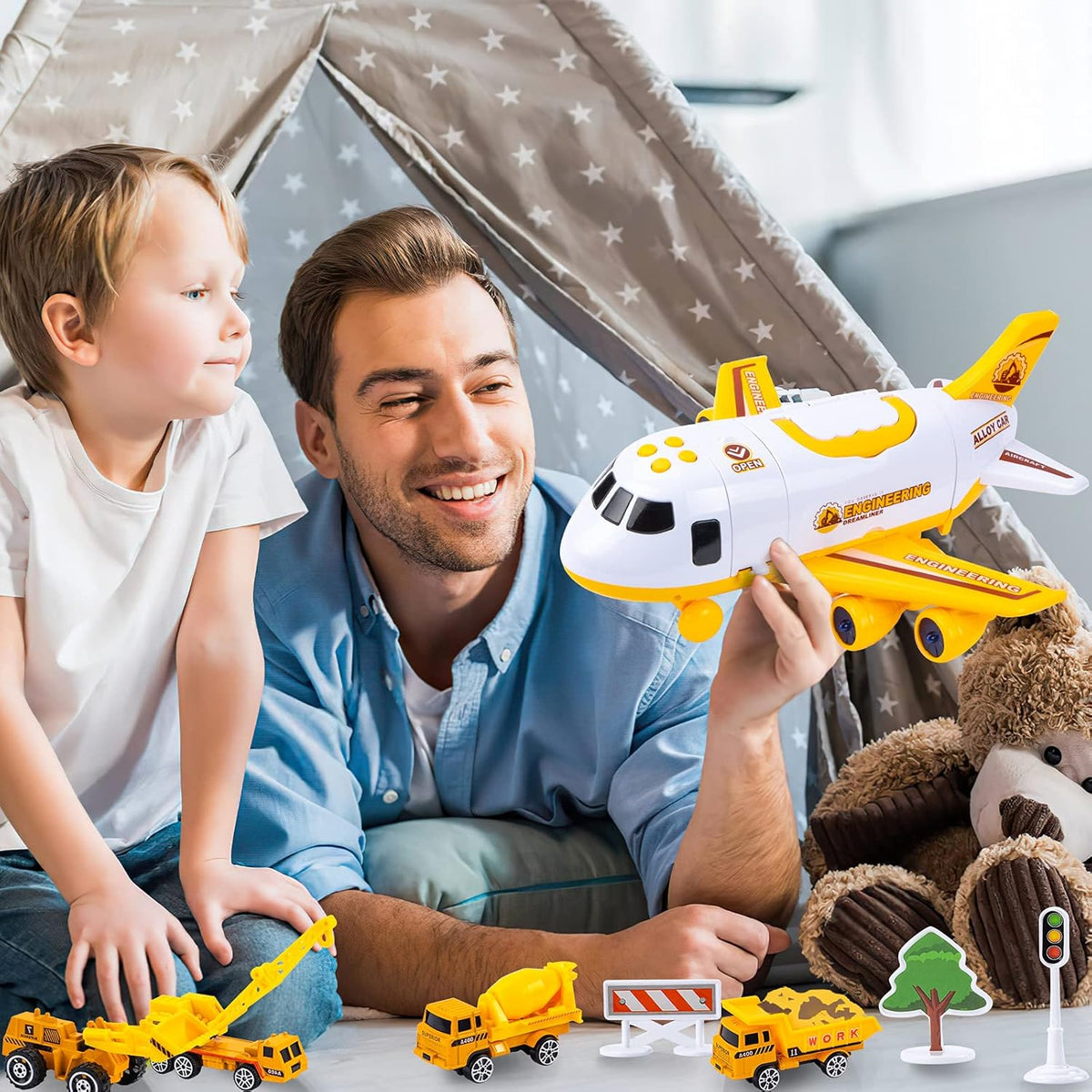 Toddler Airplane Toys with Lights and Sounds, Transport Cargo Airplane with 4 Construction Cars S318