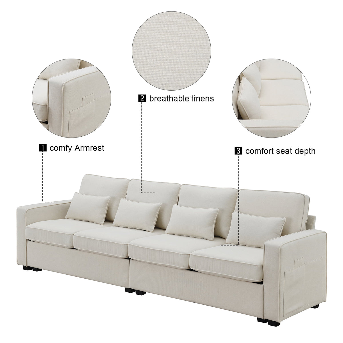 104" Beige 4-Seater Sofa with Armrest Pockets and Pillows U79913