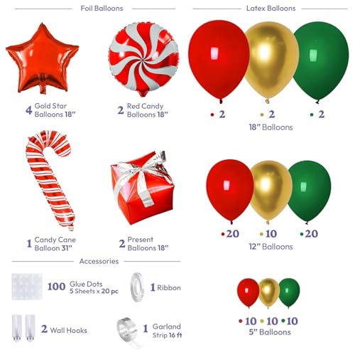 Red and Green Christmas Balloon Arch Kit with Candy Cane and Star Foil Balloons P14236