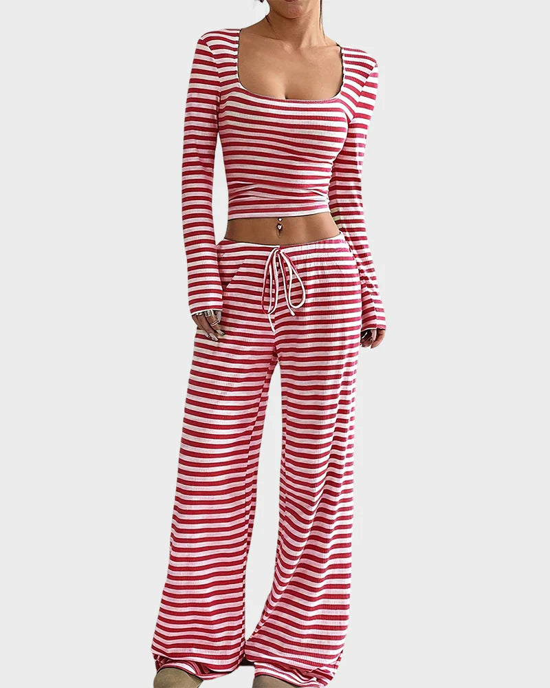 Stripe Crop Top & Wide Leg Two-Piece Lounge Set P3450