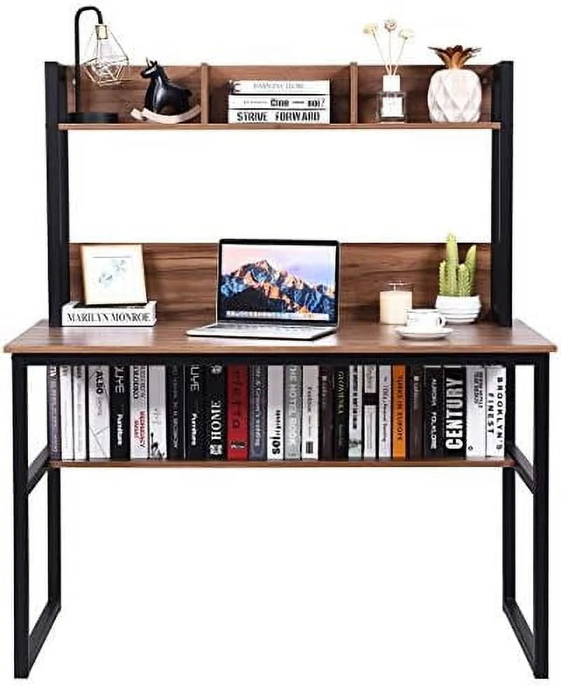 Light Walnut Computer Desk with Hutch and Bookshelves S7704